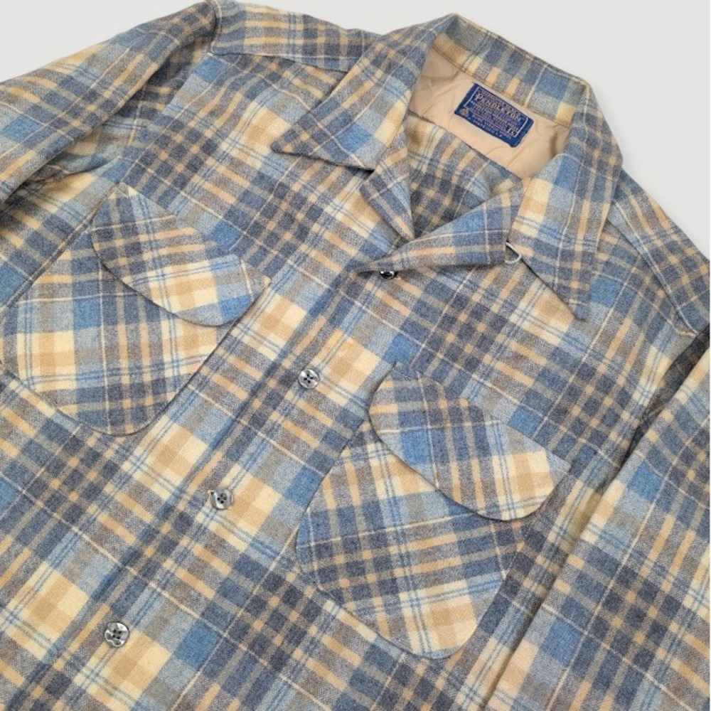 Vintage Pendleton Board Shirt Large Plaid 100% Virgin Wool Loop Collar USA Made